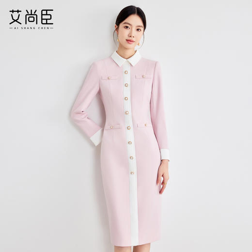 艾尚臣粉色气质连衣裙2025春新款优雅经典单排扣西装裙通勤工作服 商品图1