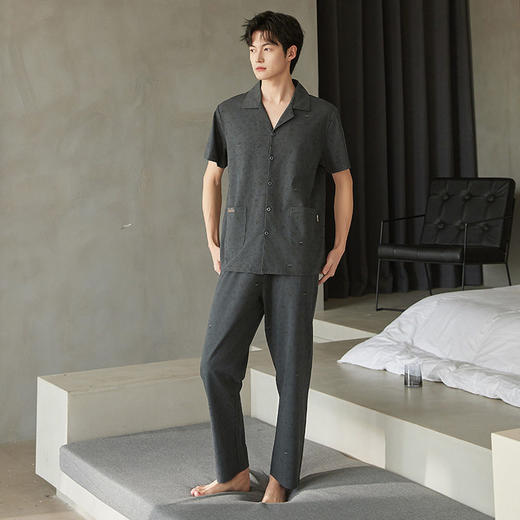 夏季男士睡衣纯棉短袖长裤可外穿爽棉中年翻领家居服开衫套装新款   JL-TMZ5523 商品图1