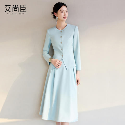 艾尚臣冰川蓝主持人西装套装女气质女神范西服职业套裙播音两件套 商品图0