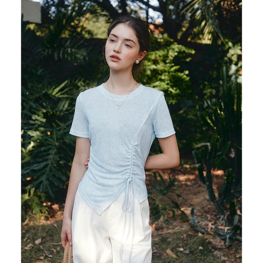 OLrain欧芮儿蓝色短袖T恤女夏季2025年新款时尚不规则抽褶上衣 商品图1