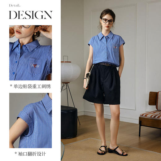 OLrain欧芮儿蓝色格子衬衫女夏季2025年新款通勤高级感连肩衬衣 商品图1