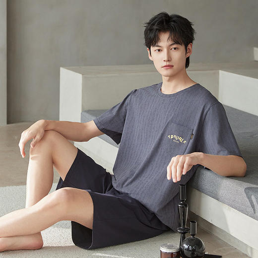 纯棉男士夏季短袖短裤爽棉睡衣宽松休闲可外穿薄款套装新款家居服   JL-5511 商品图0