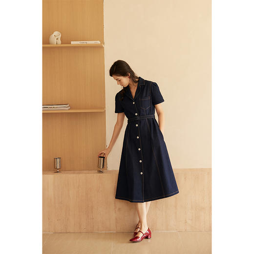 HeyDress复古翻领牛仔连衣裙女夏季法式收腰显瘦设计气质a字裙 商品图3