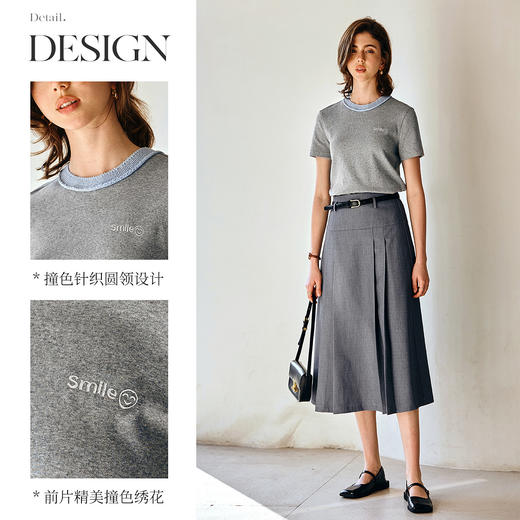 欧芮儿2025夏季新款撞色绣花经典拼色百搭圆领短袖针织T恤女上衣 商品图2