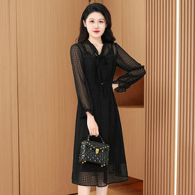 春秋妈妈气质长袖纯黑裙子中长款连衣裙QYM-DL0282