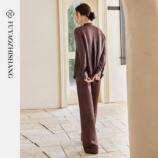 FUYAO扶摇 随性松弛 缎面醋酸长袖衬衫新中式休闲直通裤时尚套装 商品图4