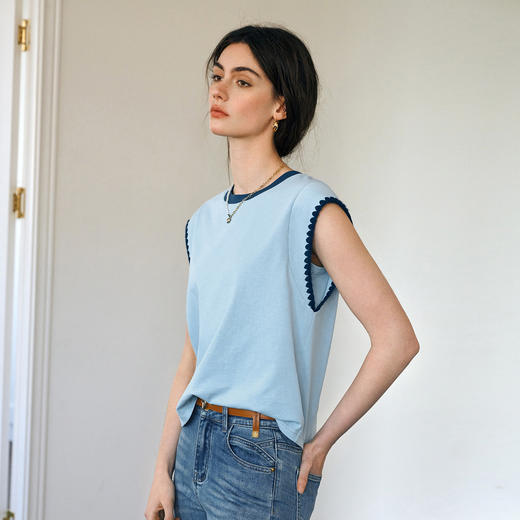 OLrain欧芮儿2025年新款休闲撞色无袖复古T恤拼接圆领女宽松上衣 商品图2