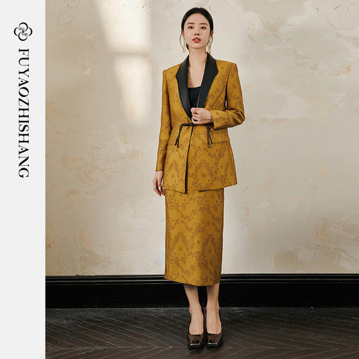 FUYAO扶摇 浮雕提花西装套裙春季新款拼接皮宽松西服半身裙两件套 商品图3