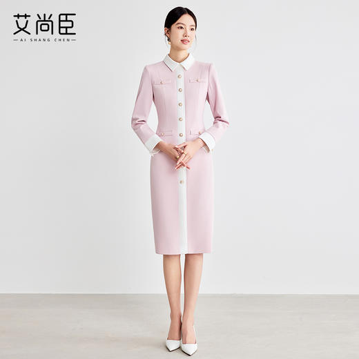 艾尚臣粉色气质连衣裙2025春新款优雅经典单排扣西装裙通勤工作服 商品图2