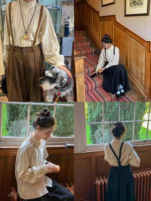 浮生八记/24C122/英伦立领花边全棉灯芯绒条纹插肩灯笼袖衬衫 商品图2