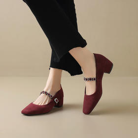 【预售5天】法式绒面水钻玛丽珍单鞋女春季新款复古方头低跟百搭女鞋WXJFG&W763