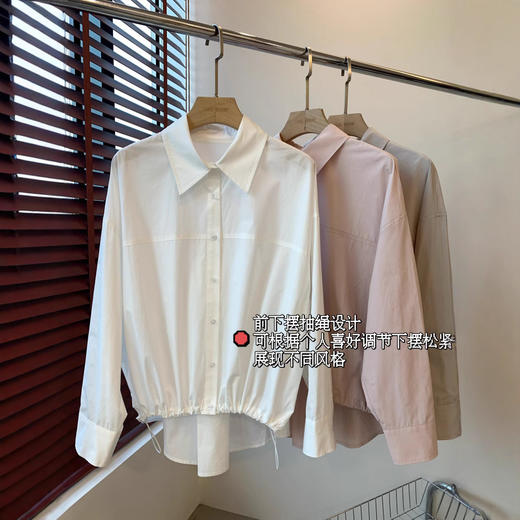 早春新款 100棉透气翻领长袖圆弧抽绳下摆长袖白衬衫上衣女款 ！ 商品图2