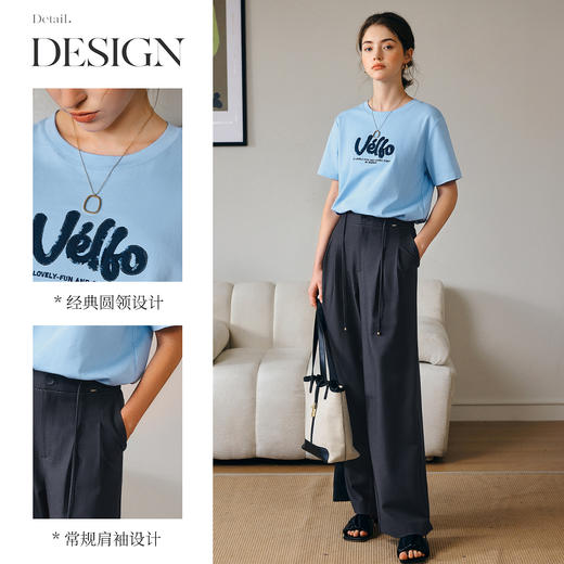 OLrain欧芮儿2025春夏新款字母绣蓝色T恤女宽松短袖刺绣圆领上衣 商品图2