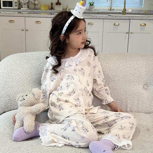 【🔥超韩家居服39.9/起】73-180码儿童A类弹力棉纱套装蕾丝花边宝宝春款可爱中大童空调服睡衣聚 商品图3