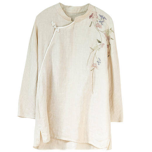 牧衣游原创 手工刺绣汉麻套头衫斜襟圆领七分袖中式上衣 初八弦 商品图4