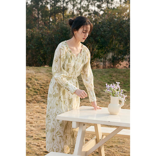 HeyDress法式天丝植物印花连衣裙女春季宽松抽腰收腰气质度假裙子 商品图1