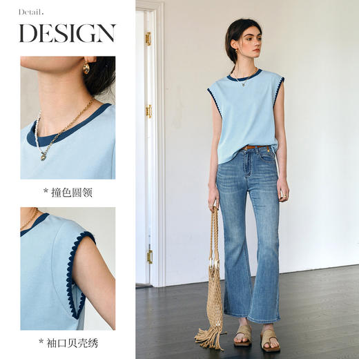 OLrain欧芮儿2025年新款休闲撞色无袖复古T恤拼接圆领女宽松上衣 商品图1