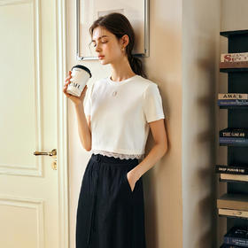OLrain欧芮儿2025春夏新款白色简约百搭下摆拼接蕾丝边圆领T恤女