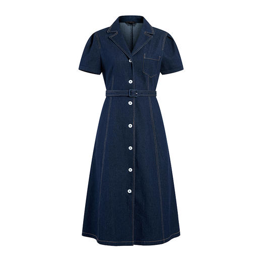 HeyDress复古翻领牛仔连衣裙女夏季法式收腰显瘦设计气质a字裙 商品图4