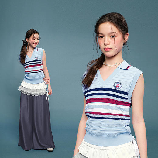 笛莎Deesha青少年女童马甲2025夏季女童条纹马甲 商品图0