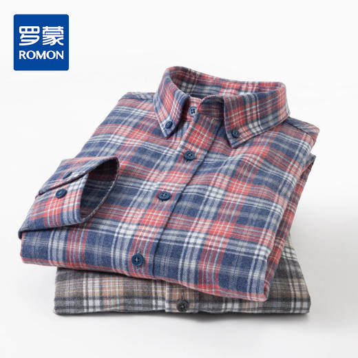 【100棉】罗蒙春秋男士格纹长袖衬衫全棉舒适百搭翻领休闲通勤衬衣 商品图0