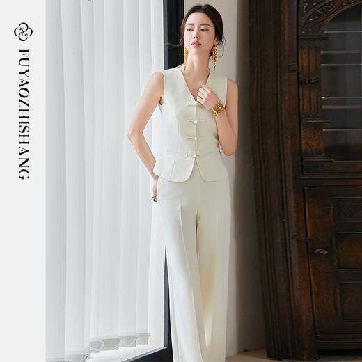 FUYAO扶摇 时尚套装女复古国风盘扣设计感西装马甲三件套工作服春 商品图3
