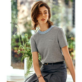 欧芮儿2025夏季新款撞色绣花经典拼色百搭圆领短袖针织T恤女上衣