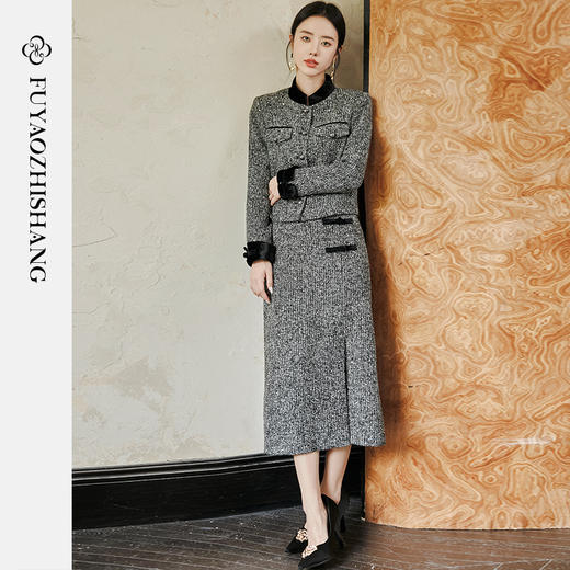 FUYAO扶摇 奢贵羊毛短外套早春新款粗花呢收腰上衣半裙小香风套装 商品图3