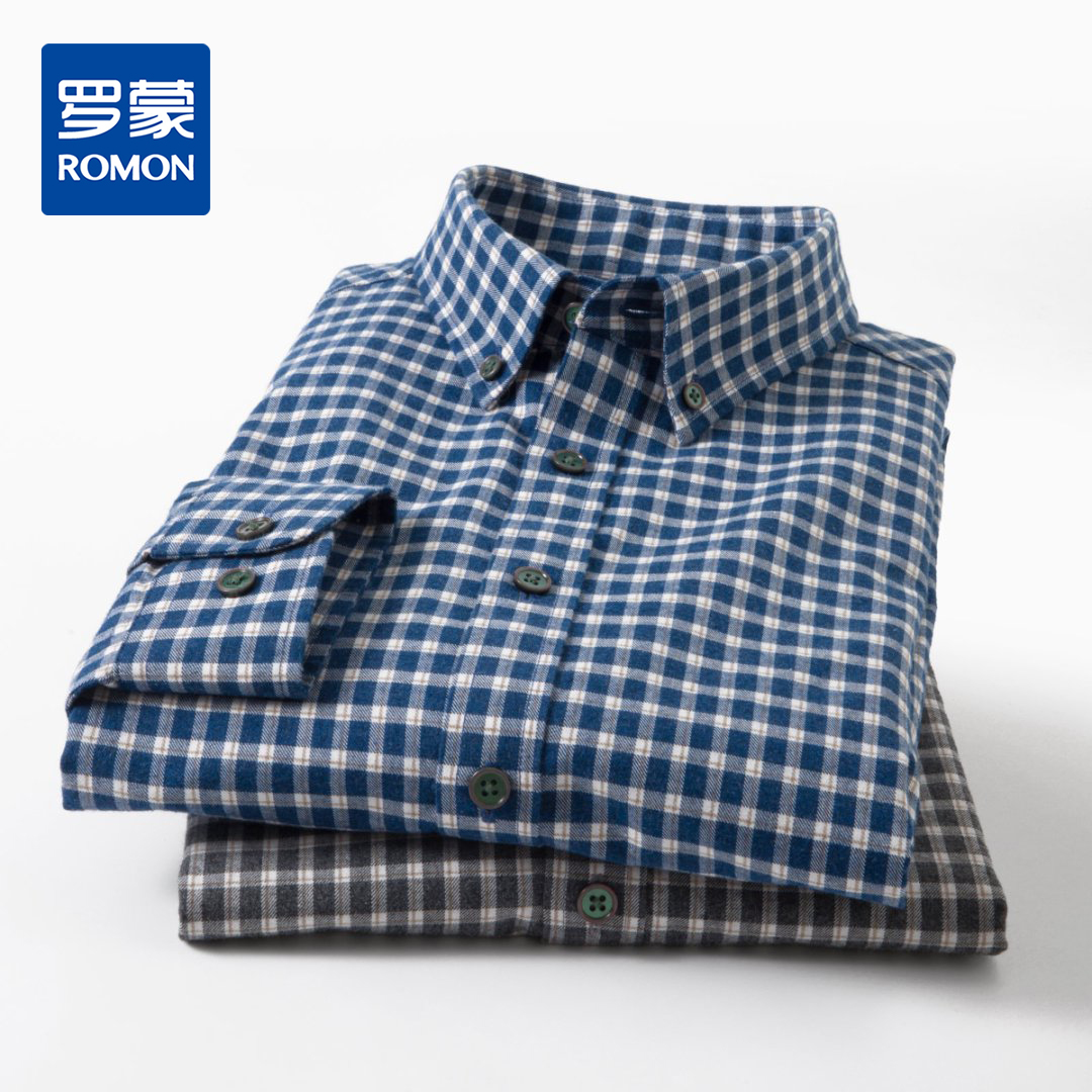 【100棉】罗蒙男士衬衫经典翻领细格百搭舒适长袖衬衫时尚通勤衬衣