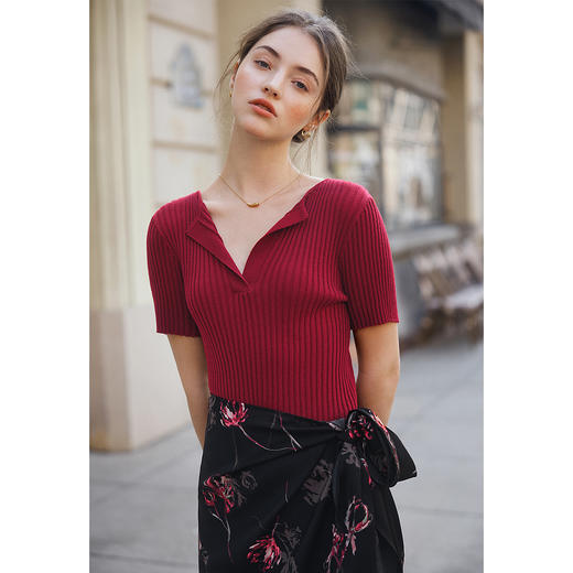 OLrain欧芮儿红色针织衫女夏季2025年新款通勤半开领套头衫 商品图0