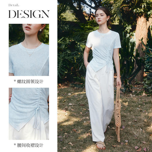 OLrain欧芮儿蓝色短袖T恤女夏季2025年新款时尚不规则抽褶上衣 商品图4