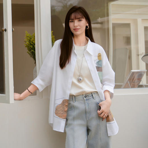 谜底印花衬衫分袖女2025春季新款复古文艺宽松中长衬衣256MC6014 商品图0