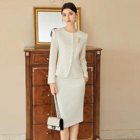 艾尚臣圆领西装套装女长袖米色正装两件套美容院前台接待工作服春