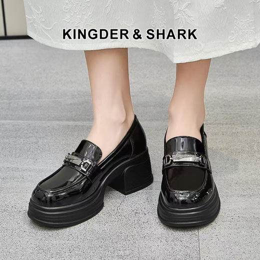 经典鲨2025年百搭圆头黑色高粗跟气质简约显瘦乐福鞋单鞋女KC19-517051 商品图0