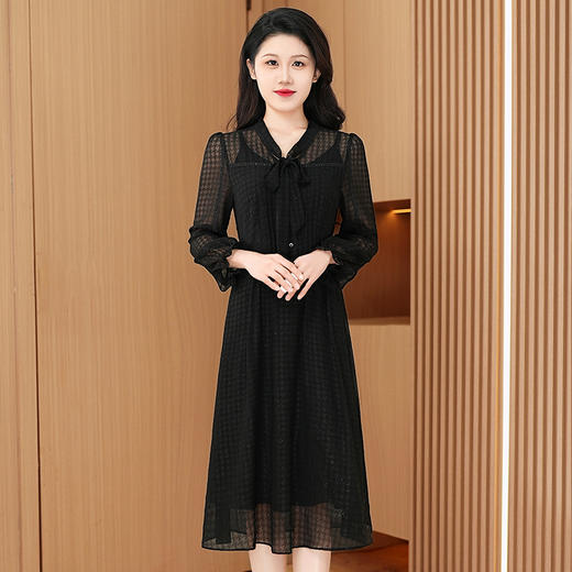 春秋妈妈气质长袖纯黑裙子中长款连衣裙QYM-DL0282 商品图1