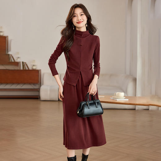 磨毛加厚气质时尚，立领上衣配半裙两件套裙HR-SSFB039 商品图3