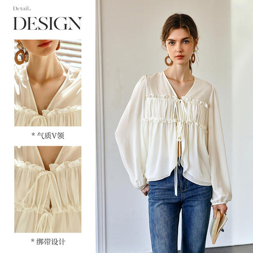 OLrain欧芮儿米杏色V领雪纺衫女春季2025年新款设计感度假风衬衣 商品图2