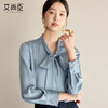 艾尚臣雾霾蓝衬衫女2025年新款蝴蝶结领长袖衬衣早春百搭飘带上衣 商品缩略图1