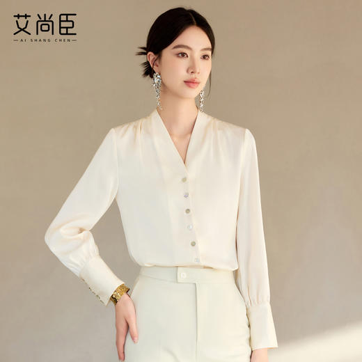 艾尚臣法式高端V领单排扣气质长袖衬衫女2025早春装高级感上衣 商品图0