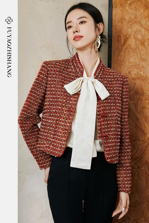 FUYAO扶摇 红色彩呢精纺羊毛短外套女春季编织立领经典小香风上衣 商品图5