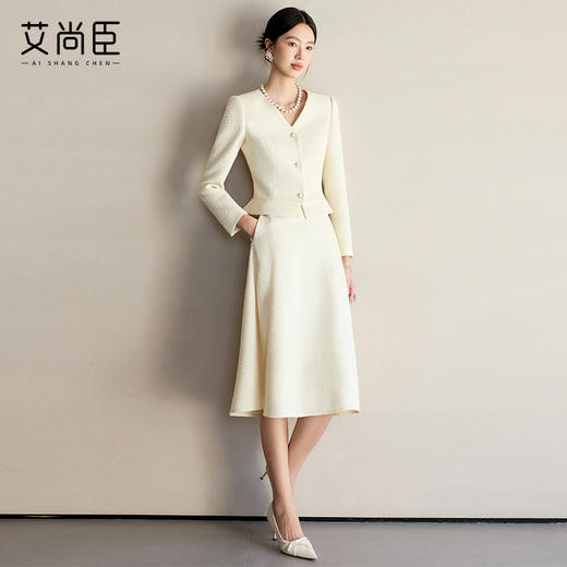 艾尚臣2025春季新款小香风套装女粗花呢编织收腰外套半身裙两件套 商品图2
