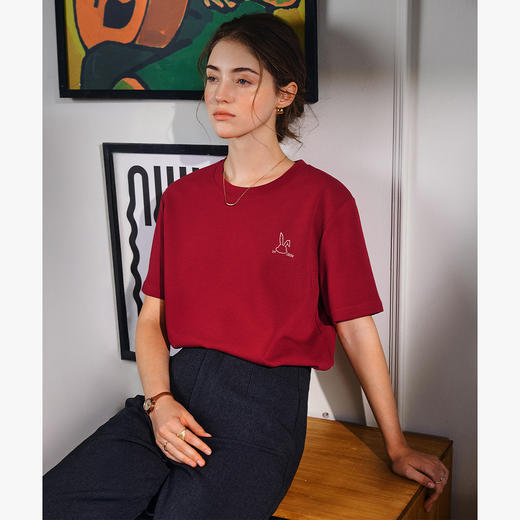OLrain欧芮儿红色短袖T恤女夏季2025年新款百搭刺绣圆领上衣 商品图1