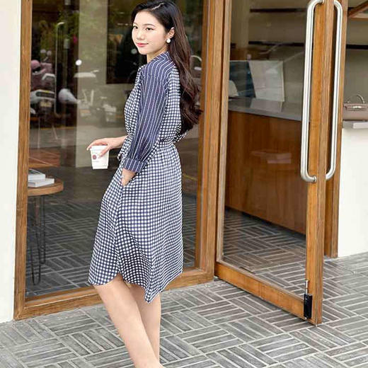 顺丰包邮洛诗琳12923春季新款知性优雅真丝缎格纹拼接连衣裙762 商品图1