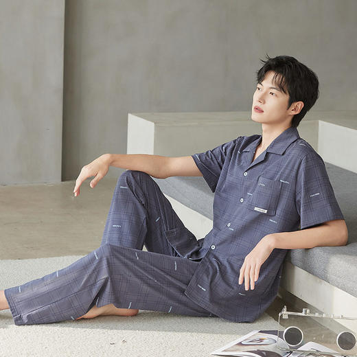 新款夏季男士睡衣纯棉短袖长裤可外穿爽棉翻领家居服开衫套装    JL-TMZ5521 商品图1
