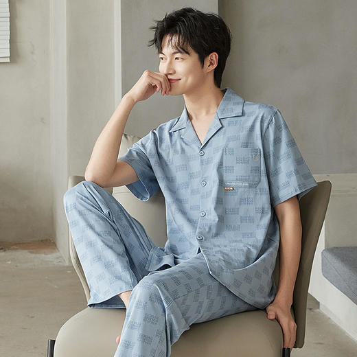 夏季莫代尔短袖男士睡衣可外穿翻领长裤家居服舒爽开衫青年套装   JL-TMZ5538 商品图1