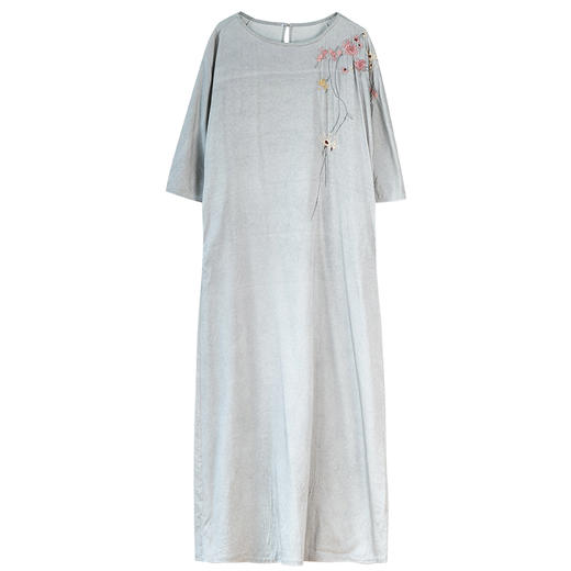 牧衣游原创 手工刺绣重磅真丝炒色连衣裙轻薄圆领宽松长裙 笙调 商品图4