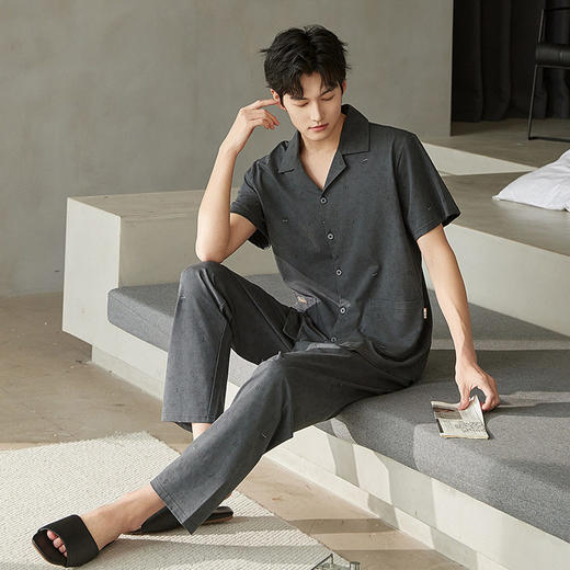 夏季男士睡衣纯棉短袖长裤可外穿爽棉中年翻领家居服开衫套装新款   JL-TMZ5523 商品图0