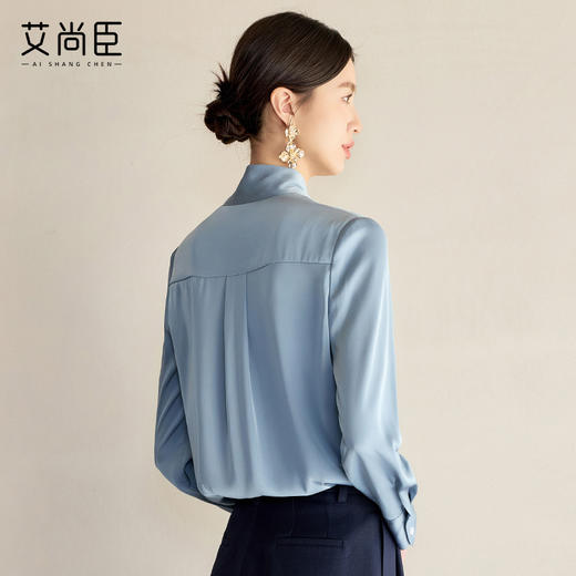艾尚臣雾霾蓝衬衫女2025年新款蝴蝶结领长袖衬衣早春百搭飘带上衣 商品图4