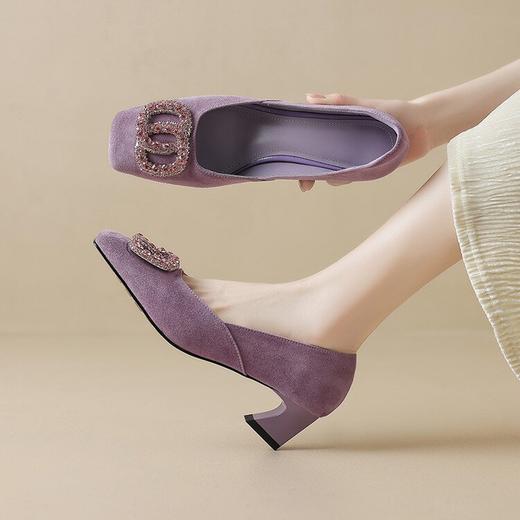 【预售5天】柔软舒适通勤百搭羊翻皮水钻方扣高跟气质单鞋女WXJFG&W412 商品图0