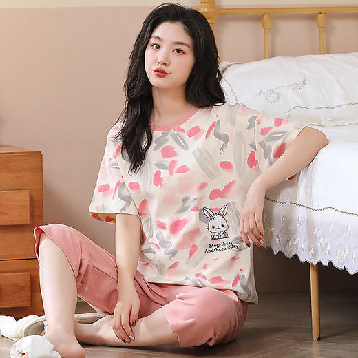 夏季纯棉睡衣女士短袖七分裤套装可爱卡通学生宽松可出门家居服    JL-YS6601/YS6602 商品图0